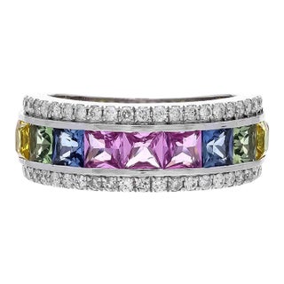 Natural Multi Sapphire Ring With Natural Diamonds in 18k Gold For Sale