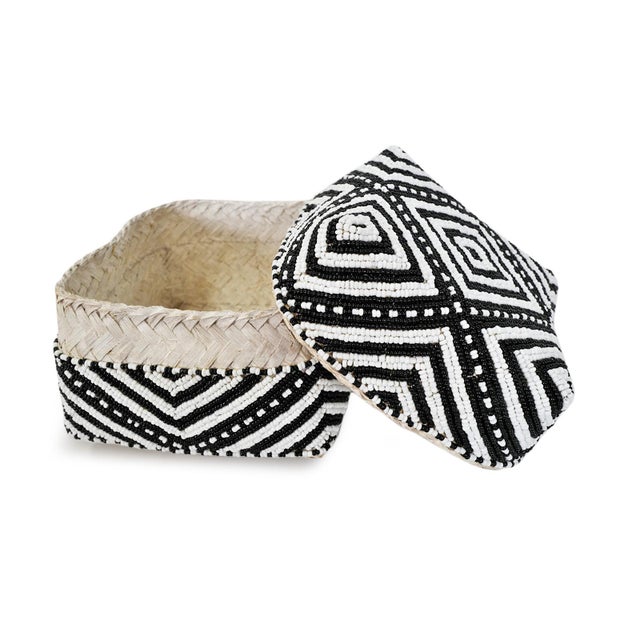 Beautiful vintage hand beaded accessory box made from woven bamboo and intricately covered with geometric triangle...