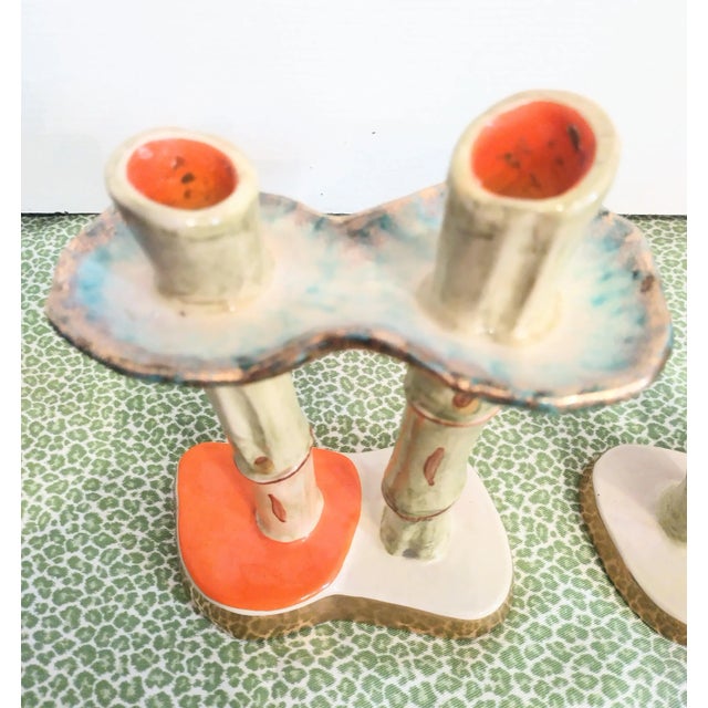 Vintage Italian Colorful Ceramic Faux Bamboo Double Stalk Green Orange Candle Stick Holders- a Pair For Sale In West Palm - Image 6 of 9
