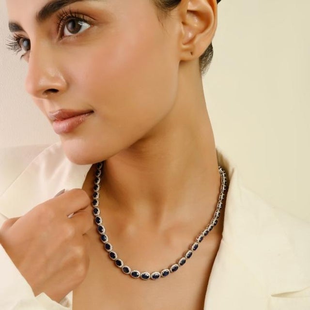 27.67 Carat Blue Sapphire & Diamond Luxury Art Deco Necklace by VRJewels in 14k Gold For Sale - Image 4 of 16