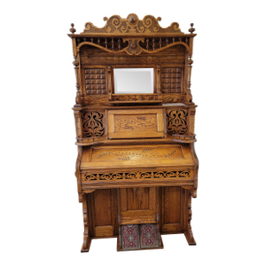 Antique Victorian Oak Pump Organ With Mirror Working