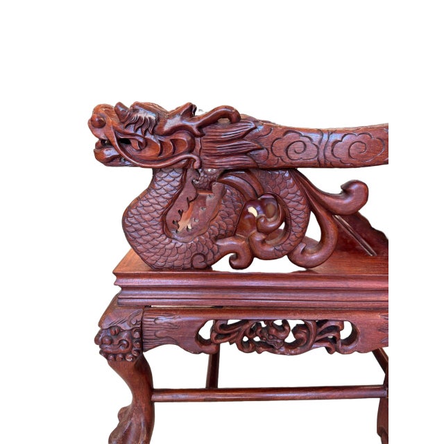 Cinnamon Antique Chinese Rosewood Dragon Armchair – Peranakan Style Carved Chair With Marble Insert, C. Late 19th or Early 20th Century For Sale - Image 8 of 16
