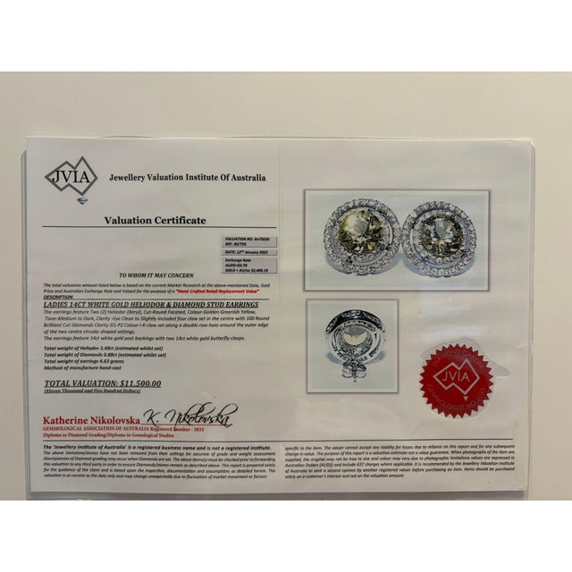 2020s 14ct White Gold Heliodor & Diamond Stud Earrings 4.37ct 4.63g, A Pair For Sale - Image 5 of 5