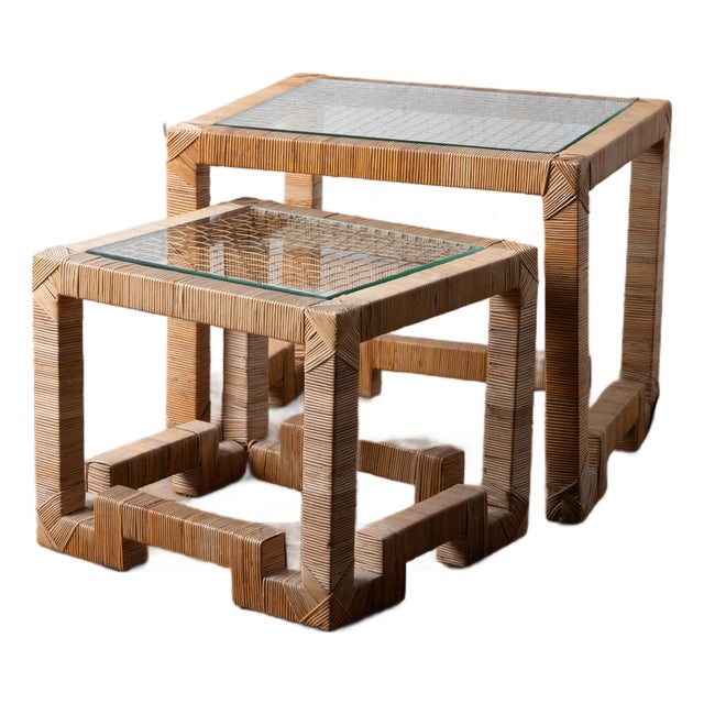 Rattan-Wrapped Nesting Tables Attributed to Bielecky Brothers, c.1970 For Sale