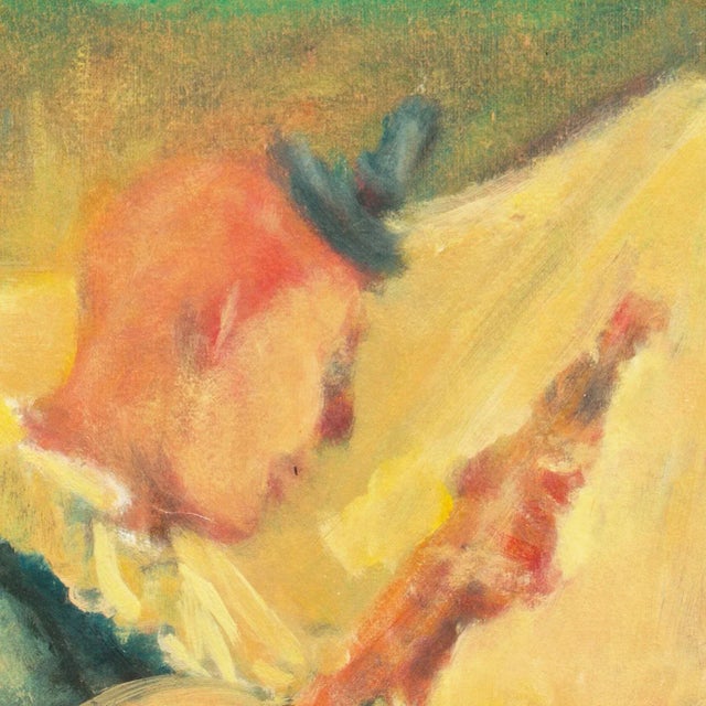 An interesting, American School Mid-century tempera painting showing a view of a seated clown rehearsing his dogs for a...