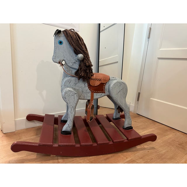 Large Vintage Folk Art Wooden Rocking Horse For Sale - Image 4 of 8