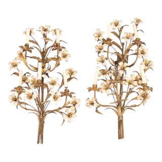 Vintage French Tole and Brass Floral Sconces For Sale