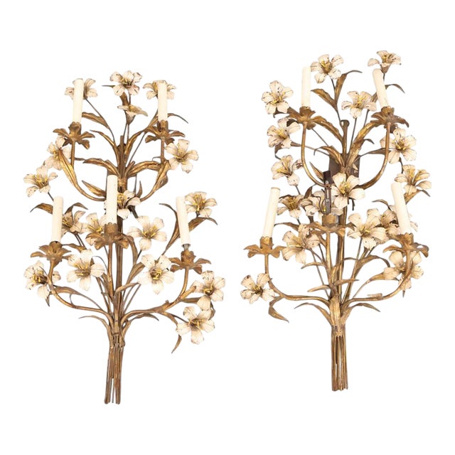 Vintage French Tole and Brass Floral Sconces For Sale