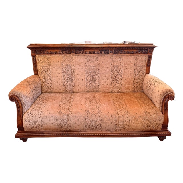 French 19th C Louis XVI Carved Walnut Custom Blush Nude Damask Settee Sofa For Sale