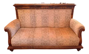 French 19th C Louis XVI Carved Walnut Custom Blush Nude Damask Settee Sofa