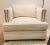 Stylish Caracole Modern Off-White Ribbed Chenille Club Chair, antique brass finished nailhead accents, showroom floor sample