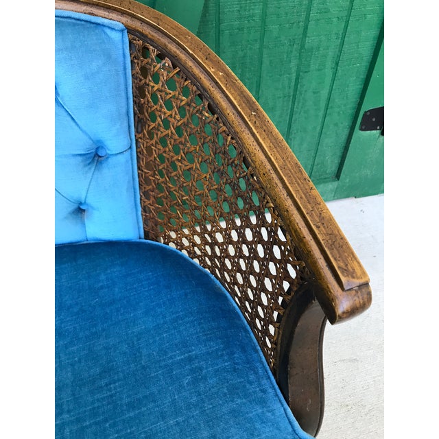 Mid-Century Blue Velvet Tufted Back Cane Barrel Chair | Chairish