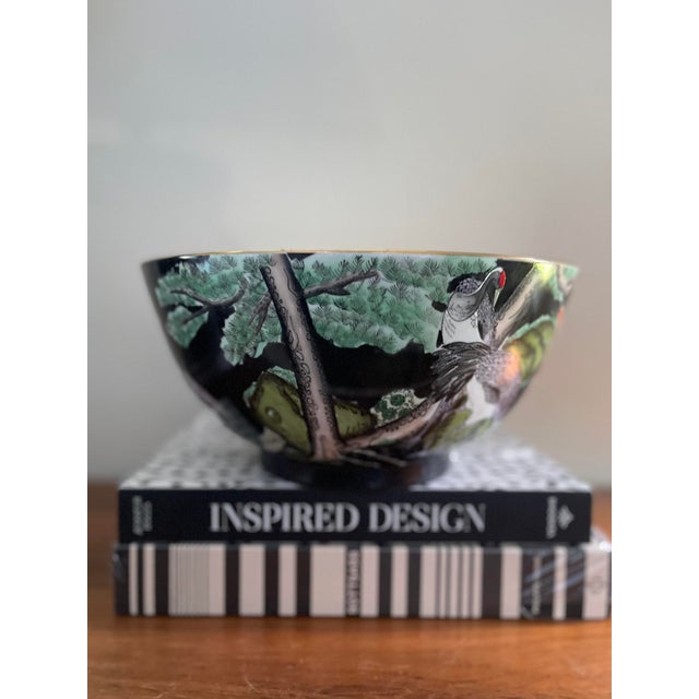 Vintage Black Chinese Bowl With Cranes For Sale - Image 9 of 12
