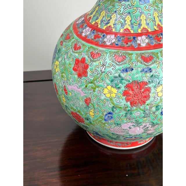 Green Antique Qing Dynasty Famille Rose Chinese Porcelain Vase With Qianlong Marking For Sale - Image 8 of 11