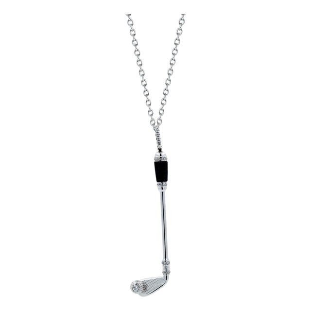 Diamond Black Onyx Golf Club Birdie Jewelry 18 Karat White Gold Charm Pendant For Sale