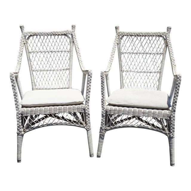 Pair Vintage French Country White Wicker Accent Chairs ...