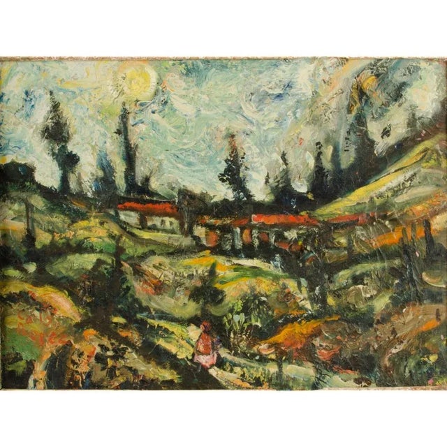 Modernist view of Funza, lush green hillside landscape surrounding red-roofed buildings and bright sun overhead in sky....