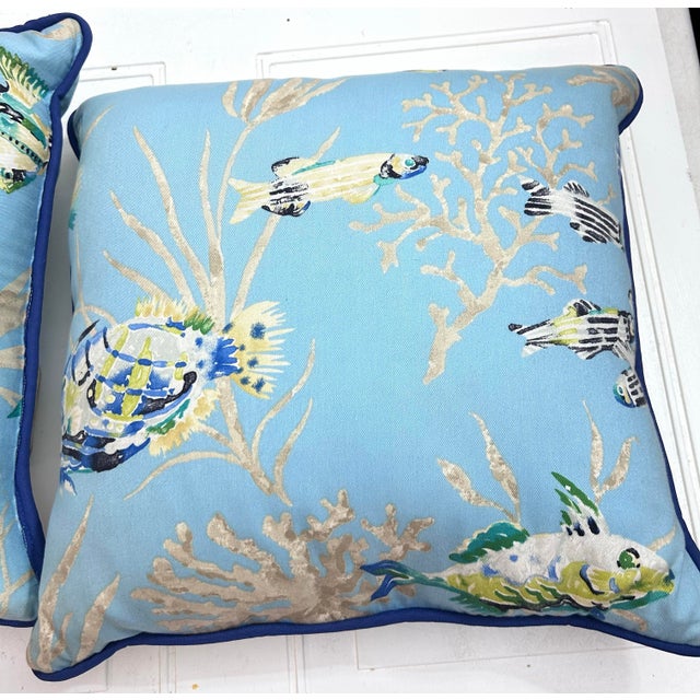 Blue Set of 2 Coastal Marine Cushions For Sale - Image 8 of 9