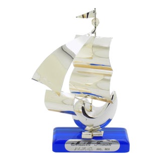 Vintage Italian Handmade Genuine Silver & Plexiglass Galleon Ship W/T Base Figurine Decoration Scupture, Made in Florence For Sale