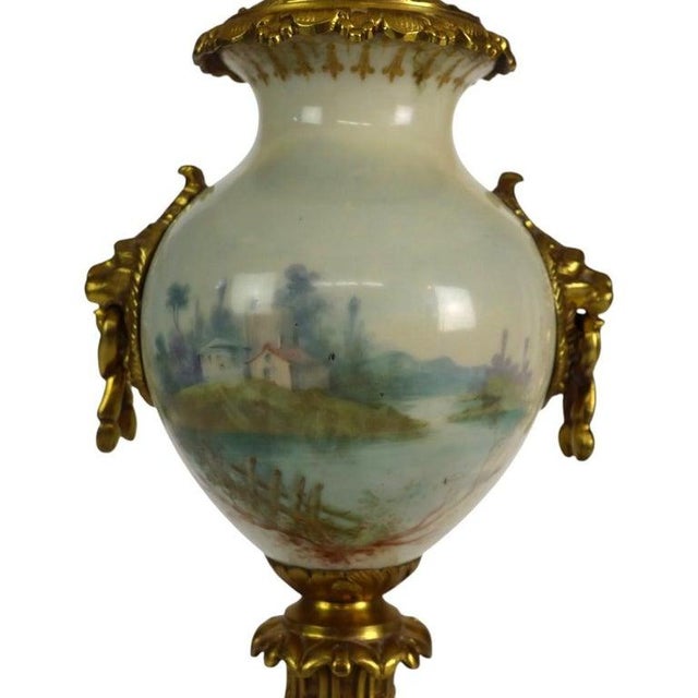 Manufacture de Sevres French Sevres Scenic Painted & Artist Signed Porcelain Lamp, Lion Head Handles For Sale - Image 4 of 14