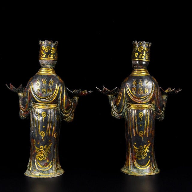 Chinese Pair of Chinese Gilt Bronze Figural Lamp Holders - 13" Tall For Sale - Image 3 of 9