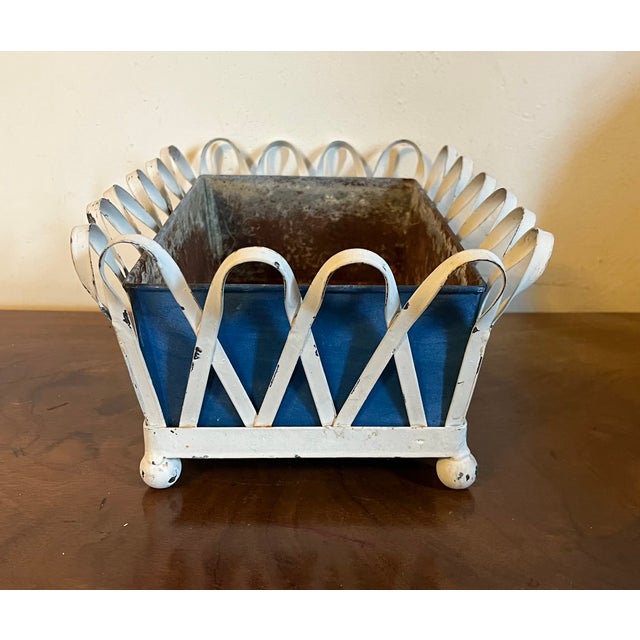1930s 1930's White Painted Zinc Basketweave Cachepot Planter or Jardiniere With Blue Tole Liner on Ball Feet For Sale - Image 5 of 14