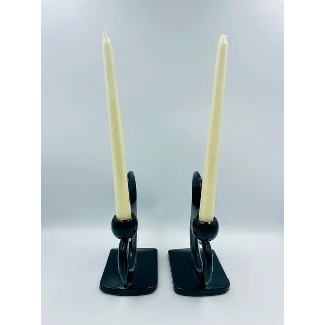 Pair of Early 20th Century Art Deco "Flame" Black Glass Candle Holders For Sale In Los Angeles - Image 6 of 12