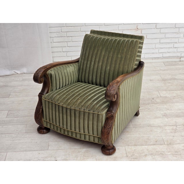 1950s Vintage Danish Carved Oak Lounge Chair with Green Velour Upholstery, 1950s For Sale - Image 5 of 18