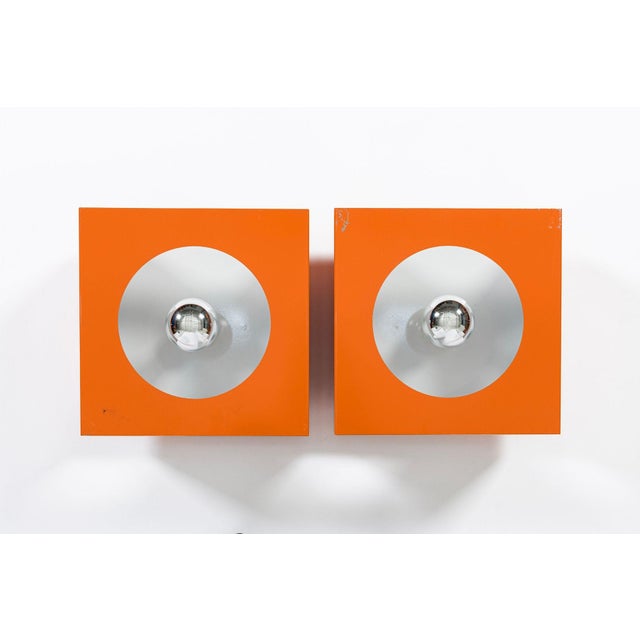 Disderot Vintage Mid Century Modern Attributed to Disderot Orange Metal Wall Light Sconces For Sale - Image 4 of 10