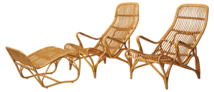 Swedish Modern Rattan Lounge Chairs and Footstool attributed to Bruno Mathsson for Dux, 1970s, Set of 3