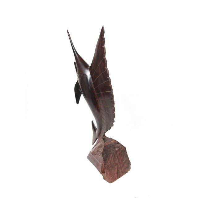 1970s Hand-Carved Hardwood Sailfish / Marlin Sculpture on Base For Sale - Image 4 of 11