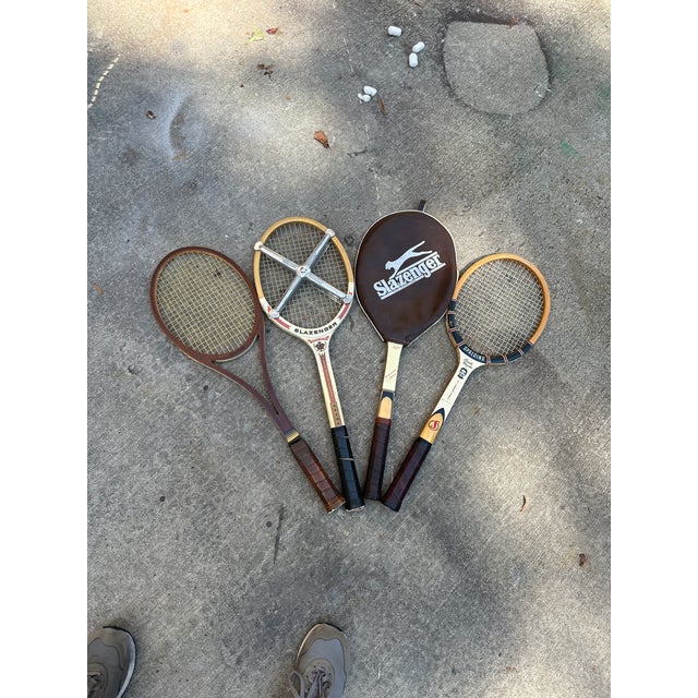 Wood Vintage Collection of Spalding and Slazenger Wooden Tennis Rackets With Clamp For Sale - Image 7 of 7