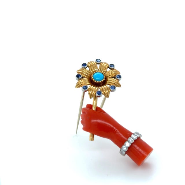 Mid 20th Century Mid 20th Century Cartier Paris, Diamond, Sapphire, Turquoise and Coral Hand With Flower Brooch For Sale - Image 5 of 6