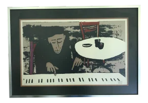 Vintage Mid Century Abstract Piano Player Musician Jazz Georg Rauch Lithograph Signed Numbered, Framed