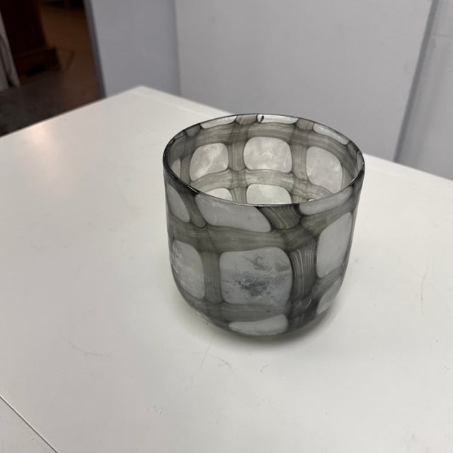 Contemporary Smoke Gray + White Geometric Art Glass Bowl Vase For Sale In San Francisco - Image 6 of 12