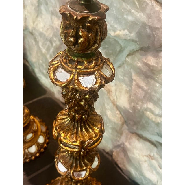 Wood Antique Wood Candelabra Lamps With Mirror Insets - a Pair For Sale - Image 7 of 13