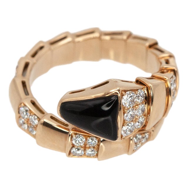 Bvlgari Bulgari Serpenti Viper Diamonds & Onyx Ring in 18k Rose Gold, Size 8 For Sale