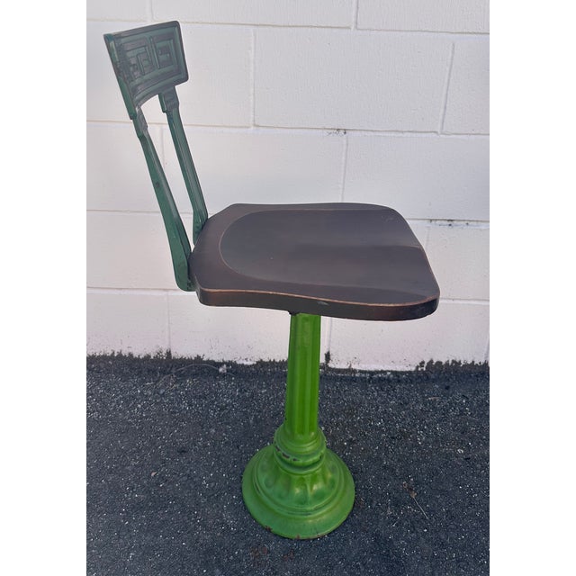 1910s A Pair of Early 20th-Century Cast Iron Soda Fountain Swivel Stools With Greek Key Backs. For Sale - Image 5 of 18