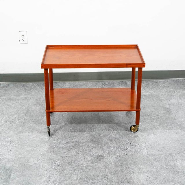1960s Mid Century Danish Modern Serving Cart Trolley Teak Rolling Bar Glass Serving Vg For Sale - Image 11 of 12
