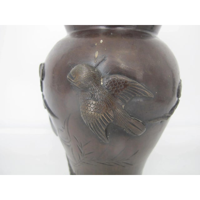 Vintage Chinese Asian Flower Bronze Vase W/Bird Blossom & Bamboo Design For Sale In Portland, OR - Image 6 of 8