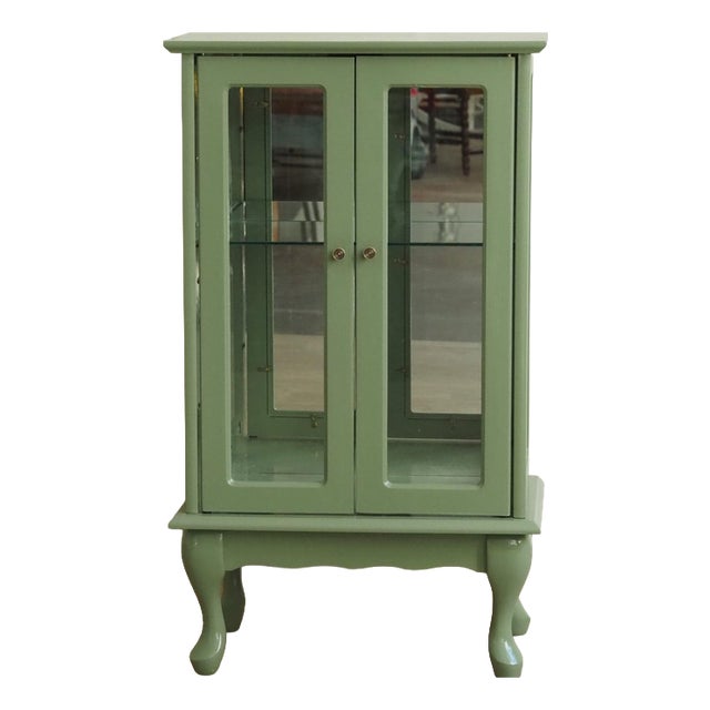 Small Display Cabinet in Pastel Green with Mirrored Back Panel For Sale