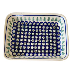 Vintage Boleslawiec Polish Folk Stoneware Pottery Rectangle Blue Peacock Design