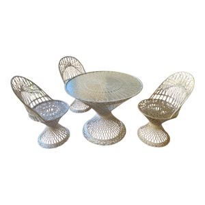 Vintage Russell Woodard Web Spun Fiberglass Patio Set- 3 Chairs and Round Table With Glass Top