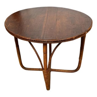 Vintage Mid Century Bamboo and Wood Round Coffee or End Table For Sale