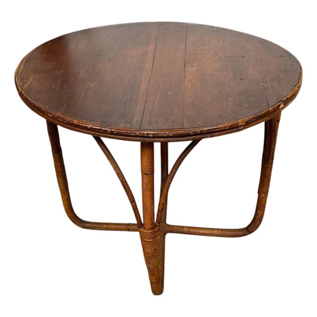 Vintage Mid Century Bamboo and Wood Round Coffee or End Table For Sale