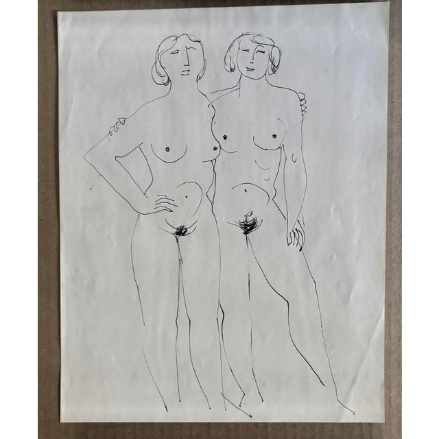 1980s Vintage Ink Drawing of Two Female Nudes-Standing, 13.75” X 10.75” For Sale - Image 5 of 5