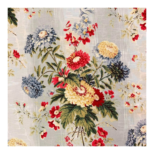Covington 5th Avenue Designs Aqua Gold Pink Purple Red Botanical Chrysanthemum Floral Bouquet Linen Fabric Sample For Sale
