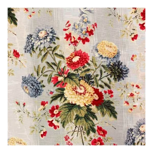 Covington 5th Avenue Designs Aqua Gold Pink Purple Red Botanical Chrysanthemum Floral Bouquet Linen Fabric Sample