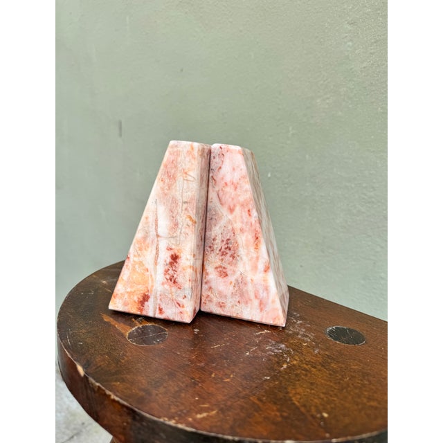 Stone Vintage Rose Pink Marble Wedge Bookends, a Pair — Mid-Century Modern Decor For Sale - Image 7 of 8