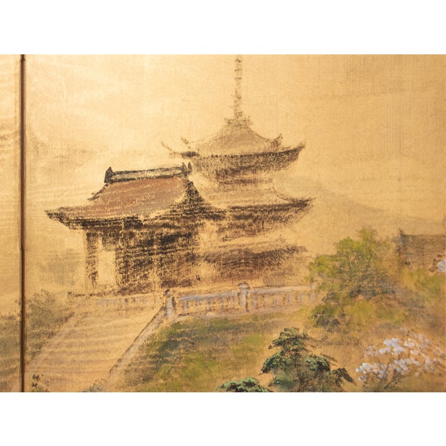 1950s 1950s Showa Era Japanese Painted Byobu Screen "Landscape With Temple" For Sale - Image 5 of 17